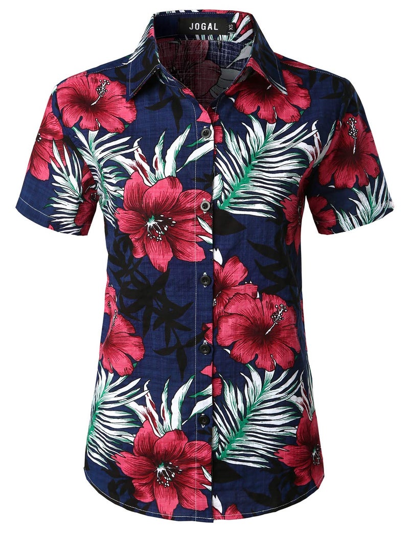 JOGAL Women's Floral Blouse Casual Button Down Short Sleeve Aloha Hawaiian Shirt Large Navy - Image 5